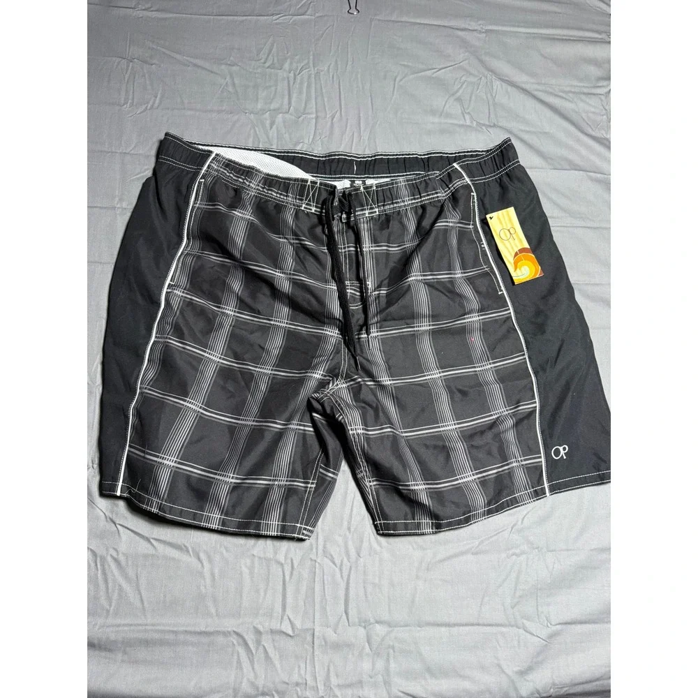 OP Board Shorts Men 3XL Black New Plaid Splice Big Swim Trunks 48-50